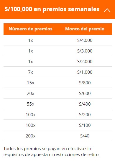 Premios semanales de Semanas de S100,000